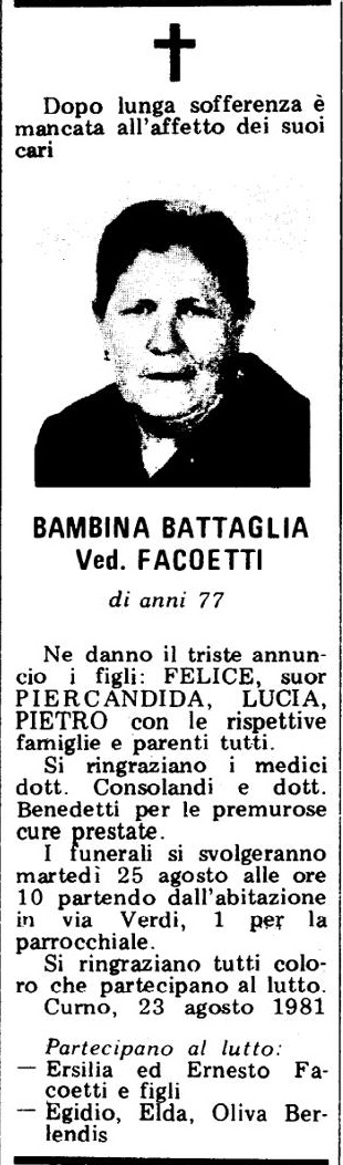 Annuncio Eco Bergamo BAMBINA BATTAGLIA Ved. FACOETTI