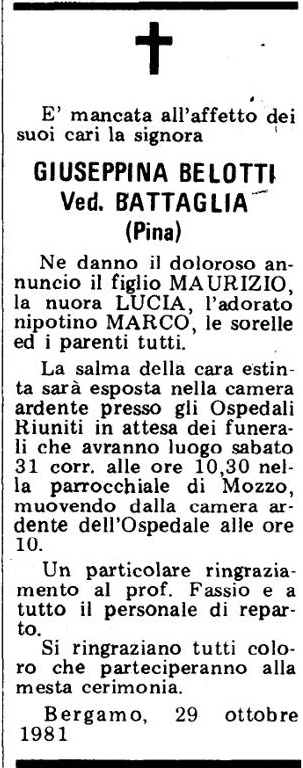 Annuncio Eco Bergamo GIUSEPPINA BELOTTI Ved. BATTAGLIA (Pina)