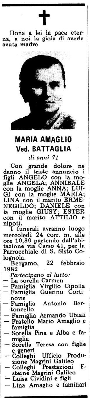 Annuncio Eco Bergamo MARIA AMAGLIO Ved. BATTAGLIA