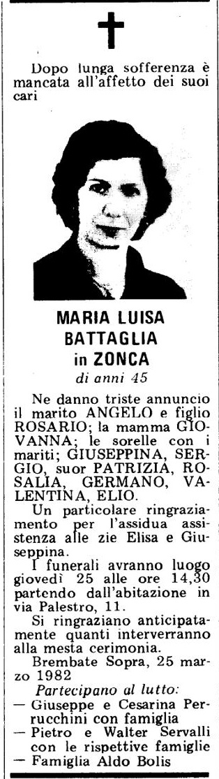 Annuncio Eco Bergamo MARIA LUISA BATTAGLIA in ZONCA