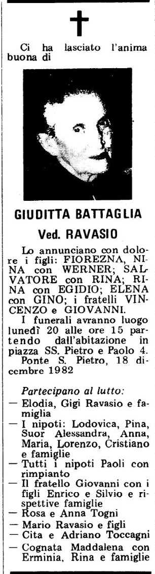 Annuncio Eco Bergamo GIUDITTA BATTAGLIA Ved. RAVASIO