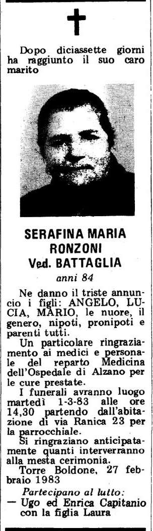 Annuncio Eco Bergamo SERAFINA MARIA RONZONI Ved. BATTAGLIA