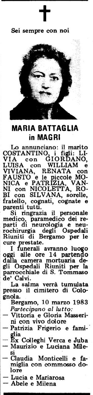 Annuncio Eco Bergamo MARIA BATTAGLIA in MAGRI