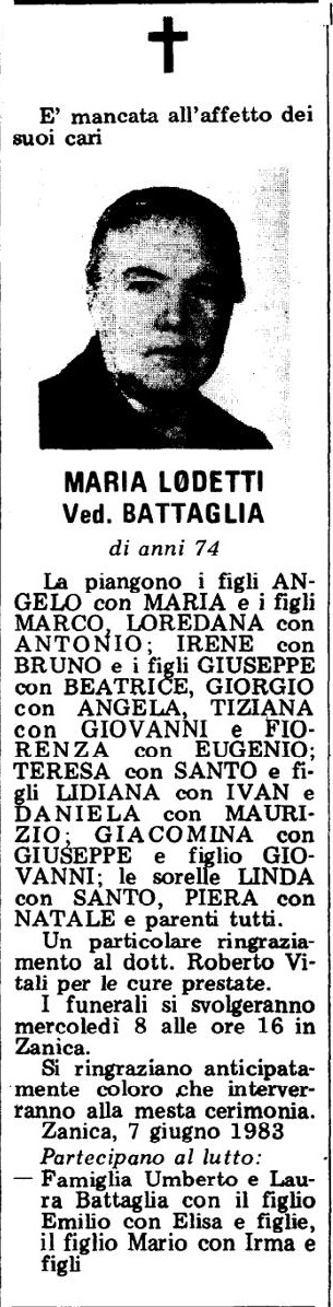 Annuncio Eco Bergamo MARIA LODETTI Ved. BATTAGLIA