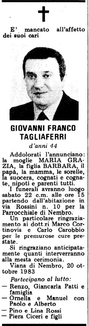Annuncio Eco Bergamo GIOVANNI FRANCO TAGLIAFERRI