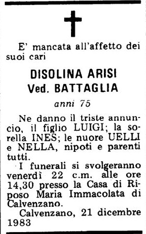 Annuncio Eco Bergamo DISOLINA ARISI Ved. BATTAGLIA