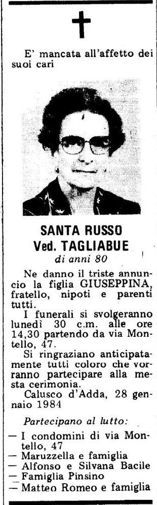 Annuncio Eco Bergamo SANTA RUSSO Ved. TAGLIABUE
