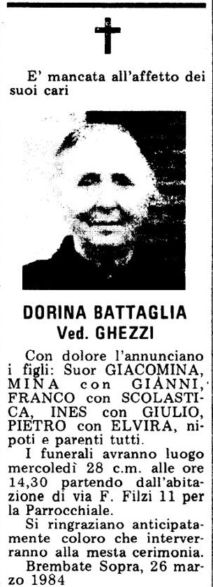Annuncio Eco Bergamo DORINA BATTAGLIA Ved. GHEZZI
