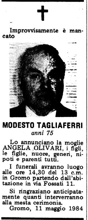 Annuncio Eco Bergamo MODESTO TAGLIAFERRI