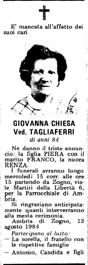 Annuncio Eco Bergamo GIOVANNA CHIESA Ved. TAGLIAFERRI