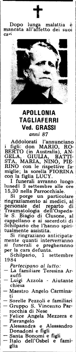 Annuncio Eco Bergamo APOLLONIA TAGLIAFERRI Ved. GRASSI