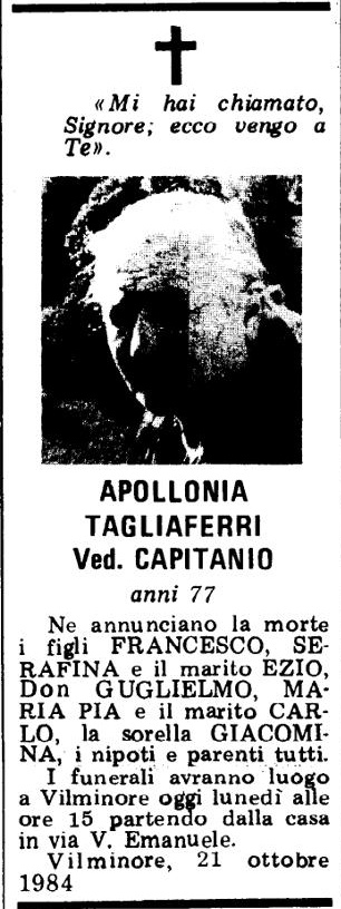 Annuncio Eco Bergamo APOLLONIA TAGLIAFERRI Ved. CAPITANIO