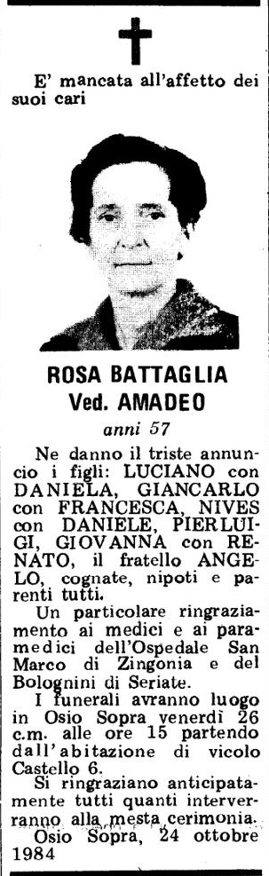 Annuncio Eco Bergamo ROSA BATTAGLIA Ved. AMADEO