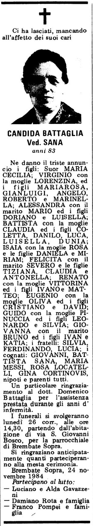 Annuncio Eco Bergamo CANDIDA BATTAGLIA Ved. SANA