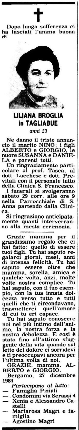 Annuncio Eco Bergamo LILIANA BROGLIA in TAGLIABUE