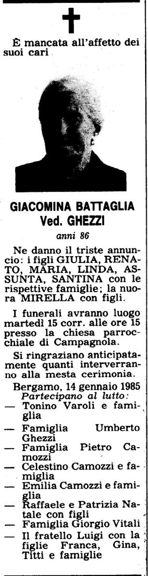 Annuncio Eco Bergamo GIACOMINA BATTAGLIA Ved. GHEZZI