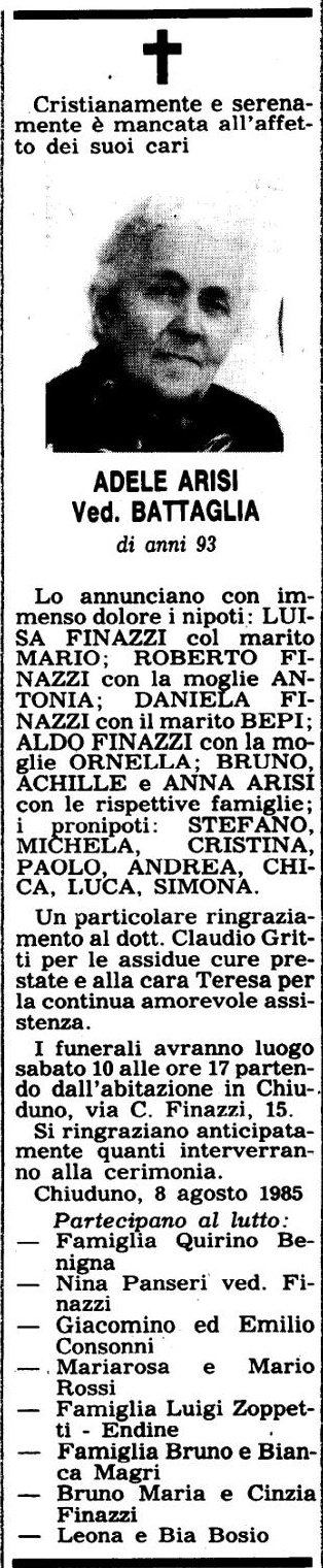 Annuncio Eco Bergamo ADELE ARISI Ved. BATTAGLIA