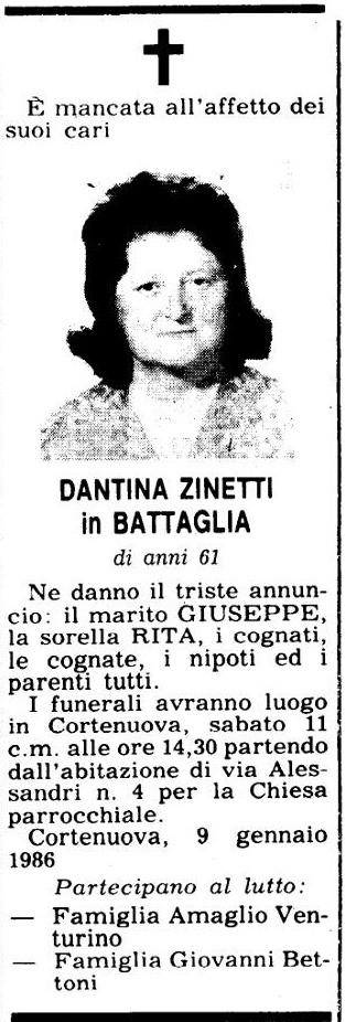 Annuncio Eco Bergamo DANTINA ZINETTI in BATTAGLIA