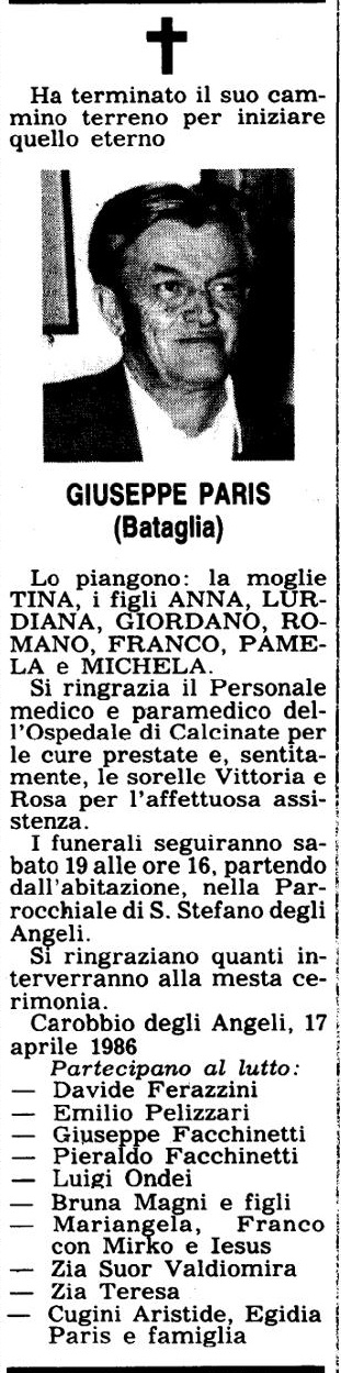 Annuncio Eco Bergamo GIUSEPPE PARIS (Bataglia)