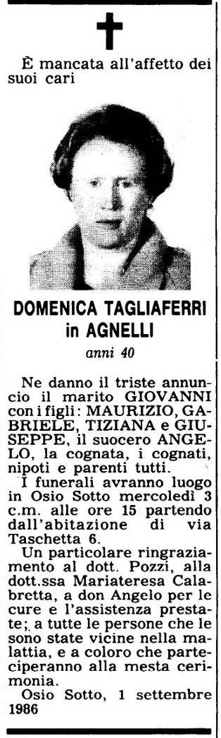 Annuncio Eco Bergamo DOMENICA TAGLIAFERRI in AGNELLI