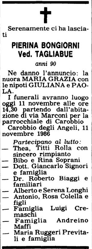 Annuncio Eco Bergamo PIERINA BONGIORNI Ved. TAGLIABUE