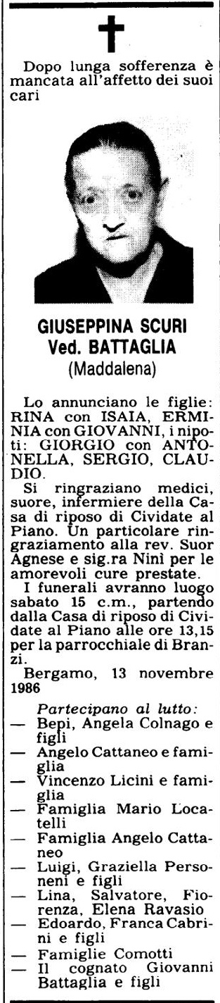 Annuncio Eco Bergamo GIUSEPPINA SCURI Ved. BATTAGLIA (Maddalena)