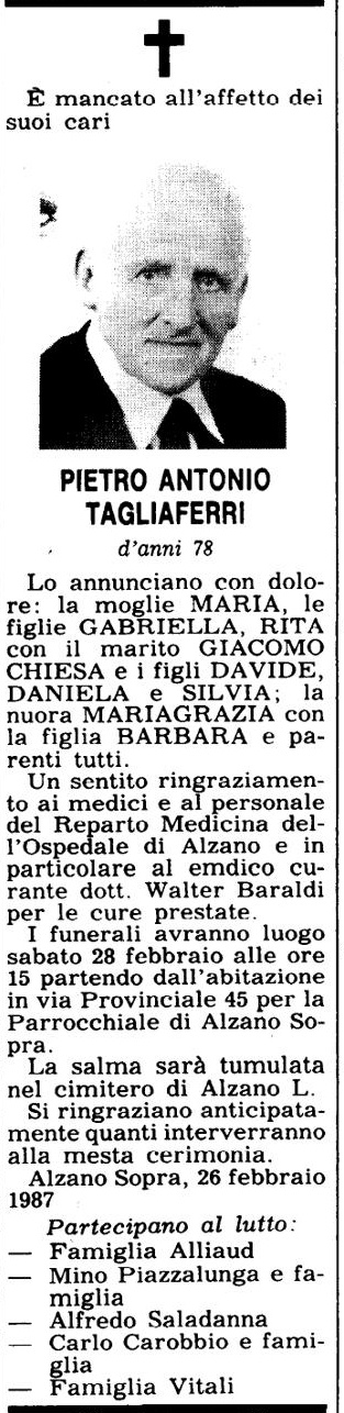 Annuncio Eco Bergamo PIETRO ANTONIO TAGLIAFERRI