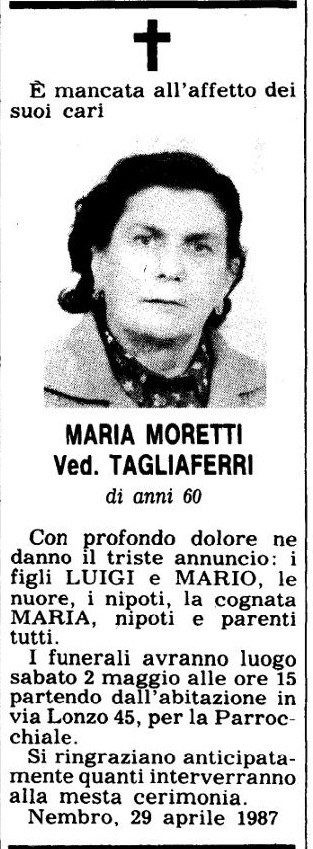 Annuncio Eco Bergamo MARIA MORETTI Ved. TAGLIAFERRI