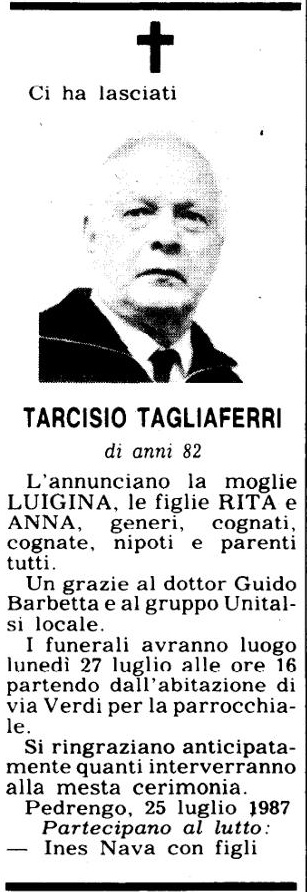 Annuncio Eco Bergamo TARCISIO TAGLIAFERRI