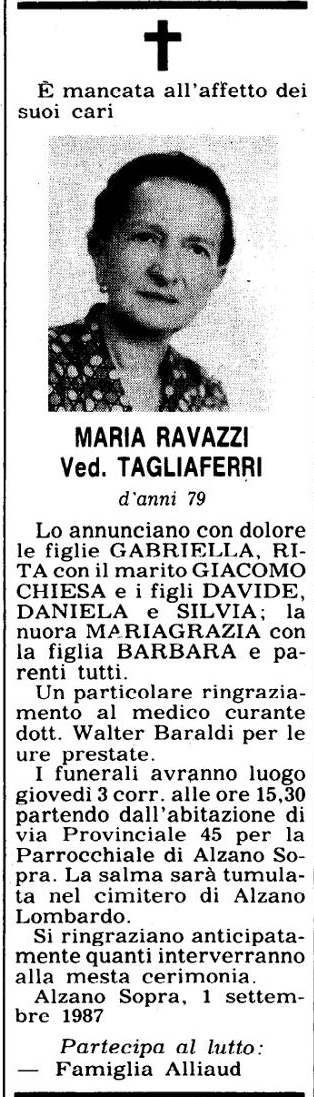 Annuncio Eco Bergamo MARIA RAVAZZI Ved. TAGLIAFERRI