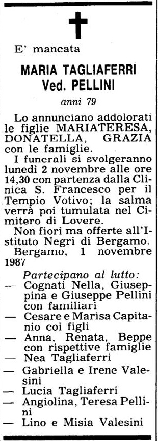 Annuncio Eco Bergamo MARIA TAGLIAFERRI Ved. PELLINI