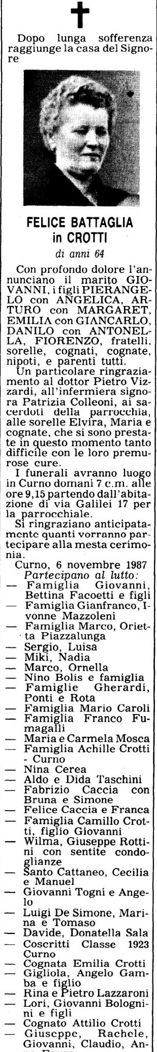 Annuncio Eco Bergamo FELICE BATTAGLIA in CROTTI