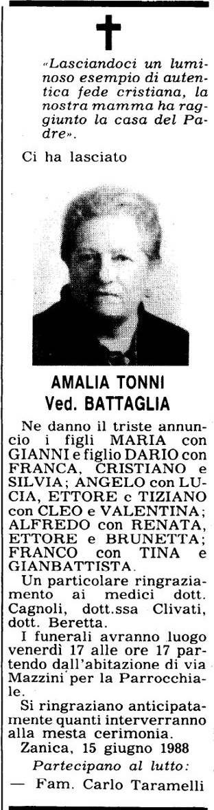 Annuncio Eco Bergamo AMALIA TONNI Ved. BATTAGLIA