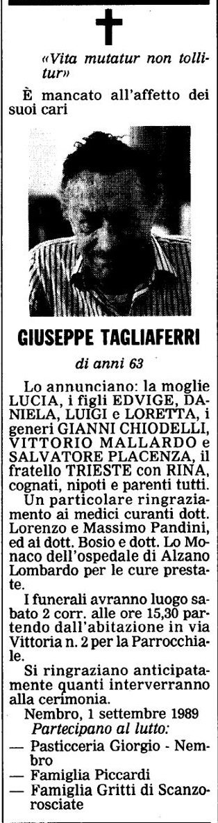 Annuncio Eco Bergamo GIUSEPPE TAGLIAFERRI