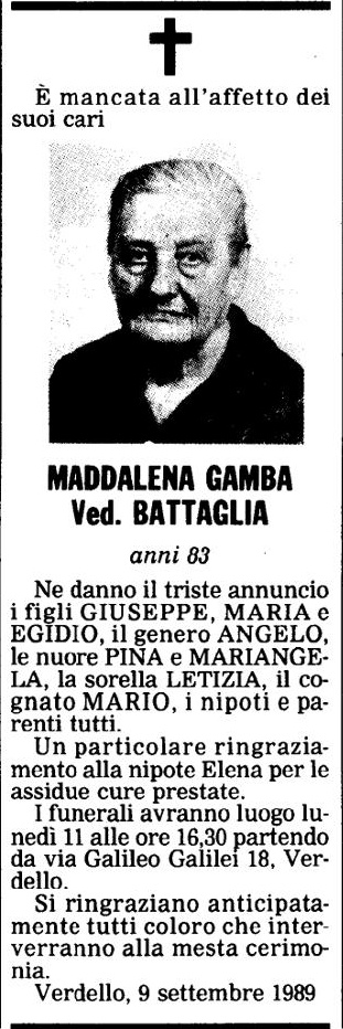 Annuncio Eco Bergamo MADDALENA GAMBA Ved. BATTAGLIA
