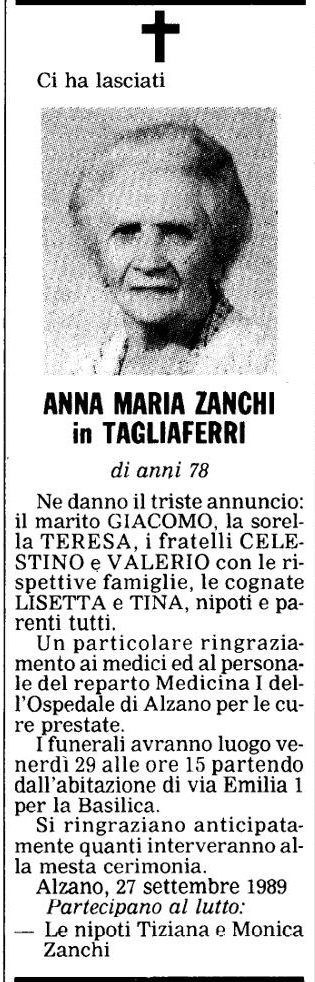 Annuncio Eco Bergamo ANNA MARIA ZANCHI in TAGLIAFERRI
