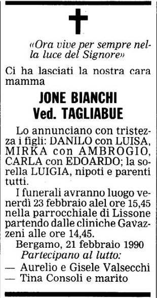 Annuncio Eco Bergamo JONE BIANCHI Ved. TAGLIABUE