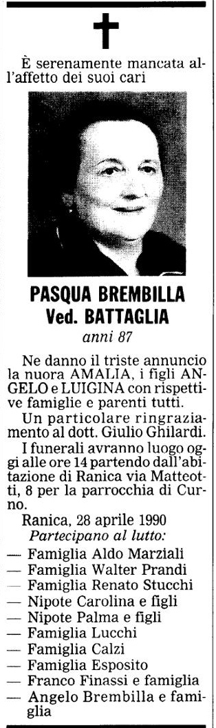 Annuncio Eco Bergamo PASQUA BREMBILLA Ved. BATTAGLIA
