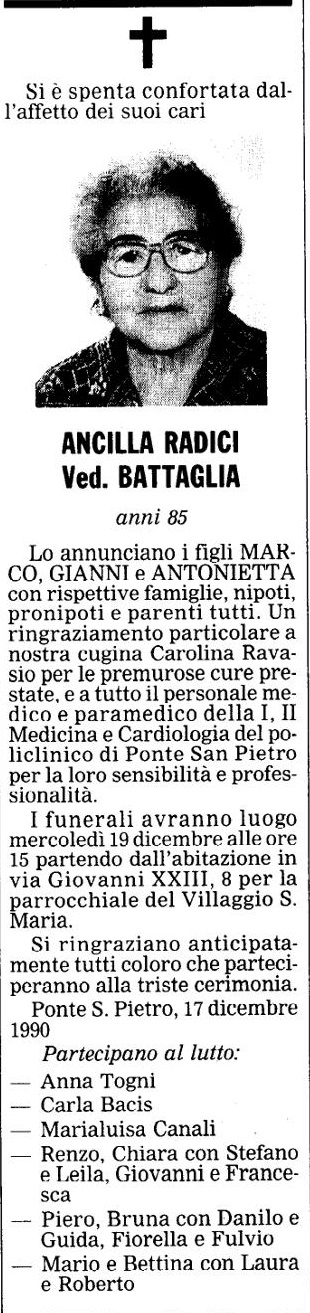 Annuncio Eco Bergamo ANCILLA RADICI Ved. BATTAGLIA