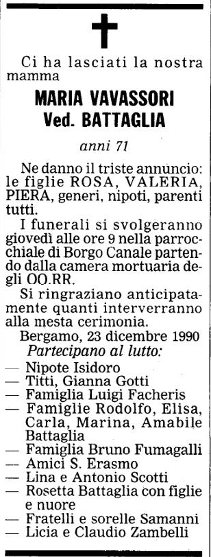 Annuncio Eco Bergamo MARIA VAVASSORI Ved. BATTAGLIA