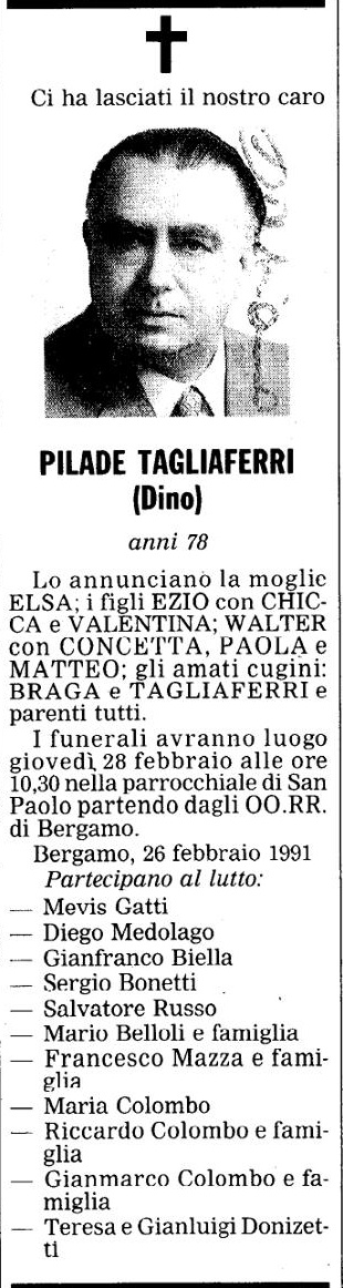 Annuncio Eco Bergamo PILADE TAGLIAFERRI (Dino)