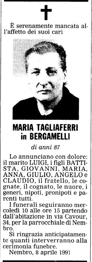 Annuncio Eco Bergamo MARIA TAGLIAFERRI in BERGAMELLI