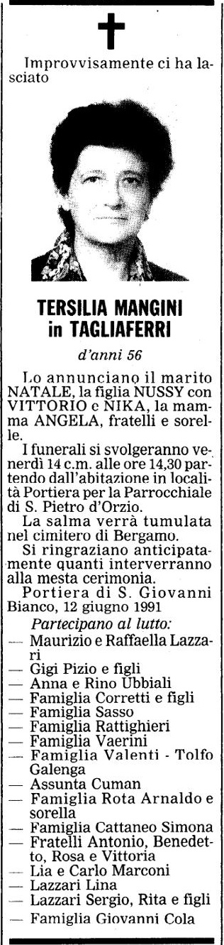 Annuncio Eco Bergamo TERSILIA MANGIN in TAGLIAFERRI