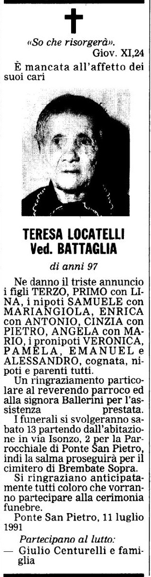 Annuncio Eco Bergamo TERESA LOCATELLI Ved. BATTAGLIA