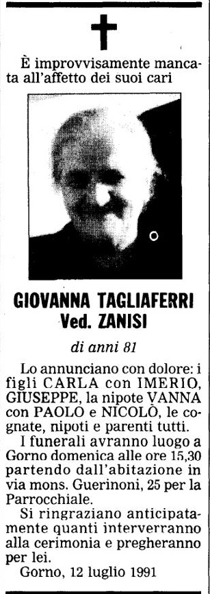 Annuncio Eco Bergamo GIOVANNA TAGLIAFERRI Ved. ZANISI