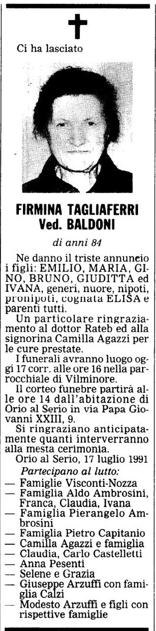 Annuncio Eco Bergamo FIRMINA TAGLIAFERRI Ved. BALDONI