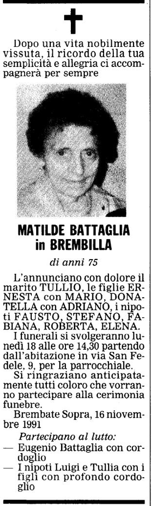 Annuncio Eco Bergamo MATILDE BATTAGLIA in BREMBILLA