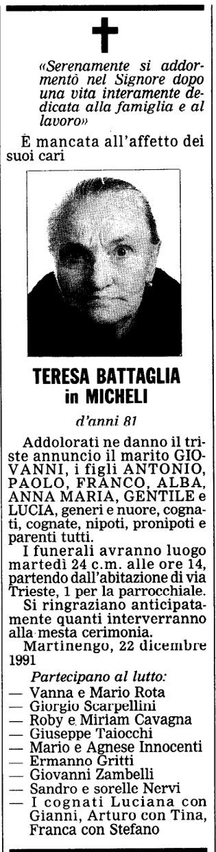 Annuncio Eco Bergamo TERESA BATTAGLIA in MICHELI