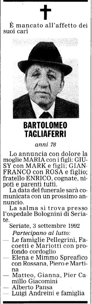 Annuncio Eco Bergamo BARTOLOMEO TAGLIAFERRI