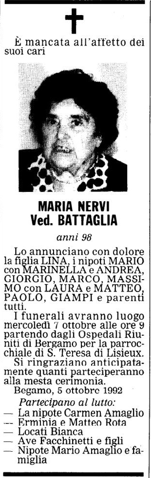 Annuncio Eco Bergamo MARIA NERVI Ved. BATTAGLIA